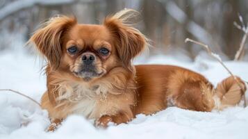 A fluffy dog resting peacefully in the snow, surrounded by a serene winter landscape photo