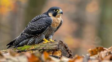 Majestic peregrine falcon perched on a mossy log amidst autumn foliage in a serene forest photo