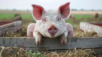 Cute piglet resting on a wooden fence in a lush green farm setting with hay scattered around photo