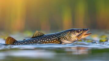 A close-up of a pike swimming through a tranquil water surface surrounded by lush greenery photo