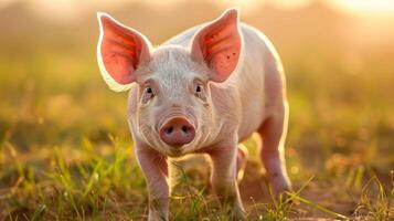 A playful piglet stands in a sunlit field, surrounded by lush grass and a warm, golden background photo