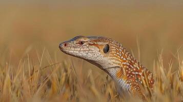 Close-up of a vibrant lizard in a golden grassland, showcasing intricate patterns and textures photo