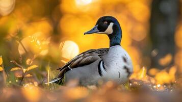 A serene duck resting among golden autumn leaves, with soft bokeh in the background photo