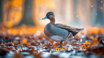 Serene duck standing on a colorful autumn forest floor with falling leaves and soft light photo