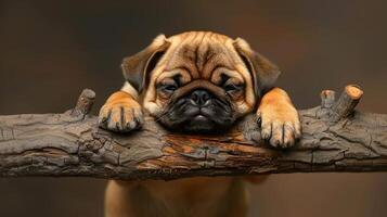 Playful pug resting on a log with a soft background, capturing a moment of tranquility photo