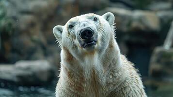 Close-up of a polar bear curiously looking up at the viewer near a rocky habitat backdrop photo