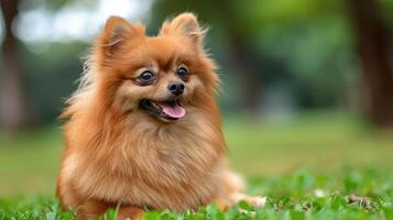 A cheerful Pomeranian dog lounging on green grass in a sunny park, enjoying a peaceful day photo