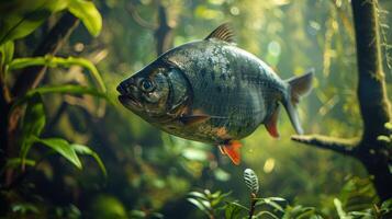 Underwater scene featuring a vibrant fish swimming among lush aquatic plants in a serene environment photo