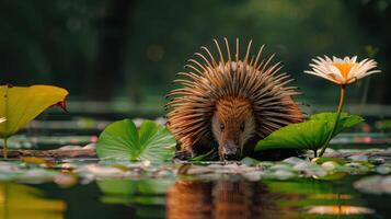 A porcupine foraging in a serene pond surrounded by vibrant water lilies and lush greenery photo