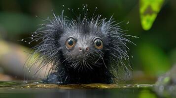 Close-up of a unique, furry aquatic creature emerging from water in a lush, vibrant rainforest photo
