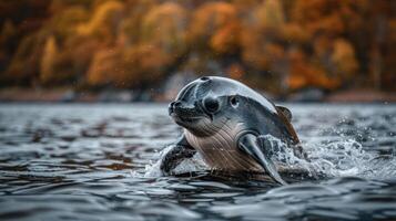 Playful dolphin breaching water surface in vibrant autumn landscape with colorful trees photo