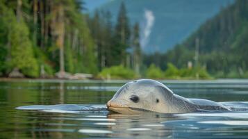 A serene seal swimming gracefully in a tranquil lake surrounded by lush green forests and mountains photo