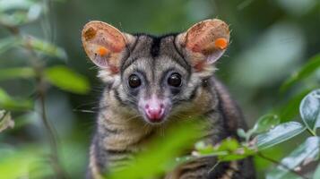 Close-up of a marsupial with distinct features amidst lush green foliage in a vibrant forest photo