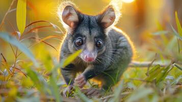 Close-up of a curious marsupial exploring a sunlit forest floor surrounded by greenery photo