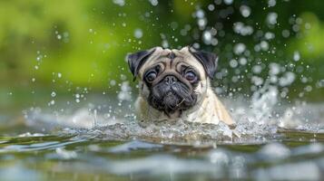 Playful pug swimming in a sparkling pond surrounded by lush greenery on a sunny day photo