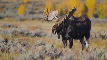 Majestic moose standing in a vibrant autumn landscape with golden trees in the background photo