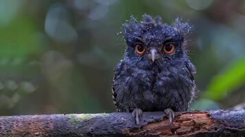 Close-up of a unique owl perched on a branch in a lush, green forest setting photo