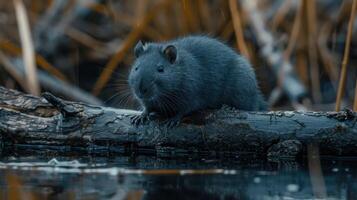 A close-up of a small rodent perched on a log by a tranquil water body surrounded by reeds photo