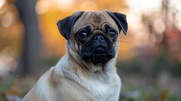 Close-up of a pug dog with expressive eyes in a vibrant autumn park setting photo