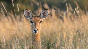 Close-up of a graceful antelope standing in golden grass during sunset, surrounded by nature photo