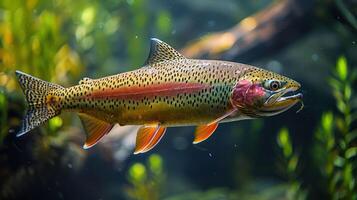 Vibrant rainbow trout swimming gracefully through lush underwater vegetation in a serene environment photo