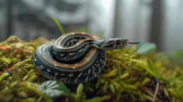Close-up of a colorful snake resting on lush green moss in a serene forest environment photo