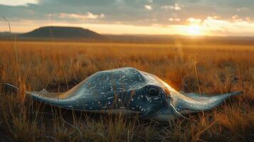 A serene sunset scene featuring a majestic stingray resting on golden grasslands, with hills in the background photo