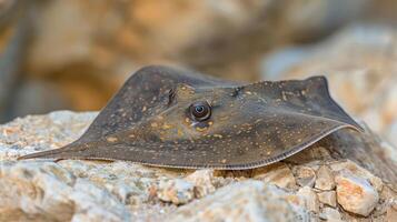 Close-up of a unique stingray resting on rocky seabed, with soft natural lighting highlighting textures photo
