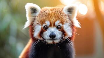 Close-up of a red panda gazing curiously, with a blurred forest backdrop and warm sunlight photo
