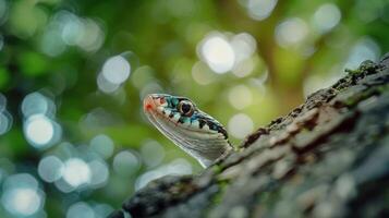 Close-up of a snake peeking from behind a tree trunk in a lush green forest photo