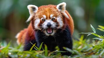 A playful red panda emerging from lush greenery, showcasing its vibrant fur and expressive face photo