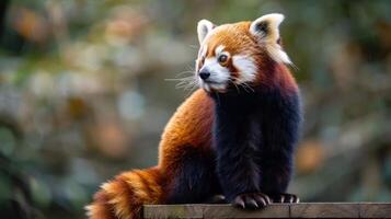 A red panda perched on a wooden ledge, gazing curiously at its lush, green surroundings photo