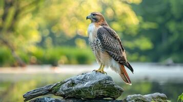 Majestic hawk perched on a rock by a serene river, surrounded by lush greenery and soft sunlight photo