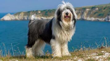 A fluffy dog stands proudly on a cliff by the sea, enjoying a sunny day with scenic views photo