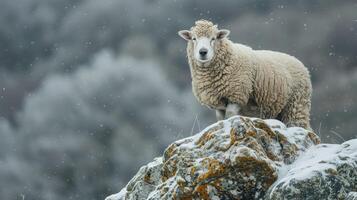 A sheep standing on a rocky outcrop in a snowy landscape, with soft snowflakes falling gently photo