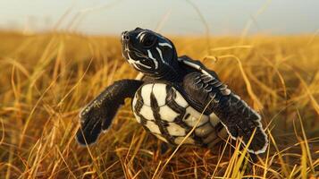 A young turtle emerging from golden grass under a bright sky, symbolizing new beginnings in nature photo
