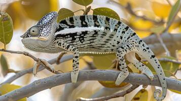 Colorful chameleon perched on a branch amidst vibrant foliage in a natural setting photo