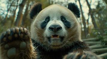 Close-up of a curious panda reaching out in a lush forest environment, with trees in the background photo