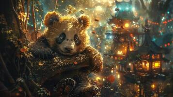 A serene panda resting on a tree branch amidst a vibrant, illuminated forest village at dusk photo