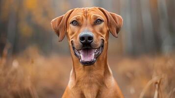 Happy dog posing in autumn forest with vibrant foliage and soft sunlight filtering through trees photo