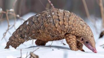 A pangolin foraging on snow-covered ground, surrounded by a winter forest landscape photo