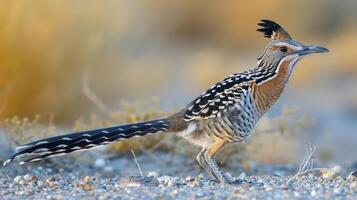 Colorful bird standing on a sandy terrain with blurred desert vegetation in the background photo