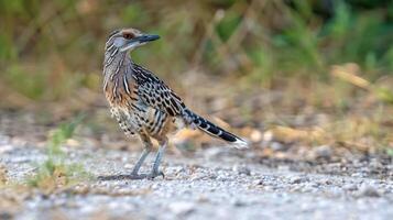 A vibrant bird stands on a gravel path amidst blurred greenery, showcasing its unique feathers photo