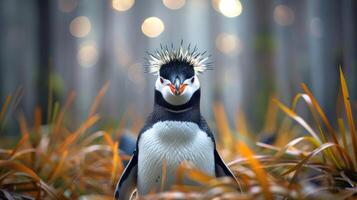 A striking penguin with a spiky crest stands amidst vibrant foliage in a serene forest setting photo