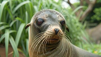 Close-up of a curious seal amidst lush greenery in a tranquil natural setting photo