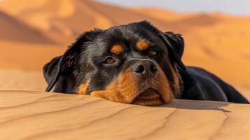 Rottweiler resting on warm desert sand with dunes in the background during golden hour photo