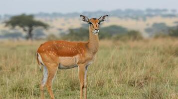 A graceful antelope stands alert in a lush, green savannah landscape under a clear sky photo