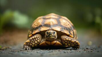 Close-up of a tortoise moving along a pathway surrounded by greenery in a serene environment photo