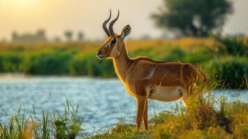 Majestic antelope standing by a serene river at sunset, surrounded by lush greenery and wildlife photo