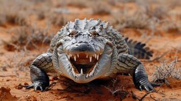 A fierce crocodile emerging from the sandy terrain, showcasing its sharp teeth and textured skin, with dry vegetation in the background photo